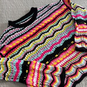 Vibrant Chevron Open Knit Crochet Sweater Multicolor Boho Zig Zag Medium